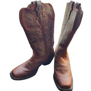 Justin Womens Brown Leather Western Boots Style L2552 Size 6.5 With Embroidered